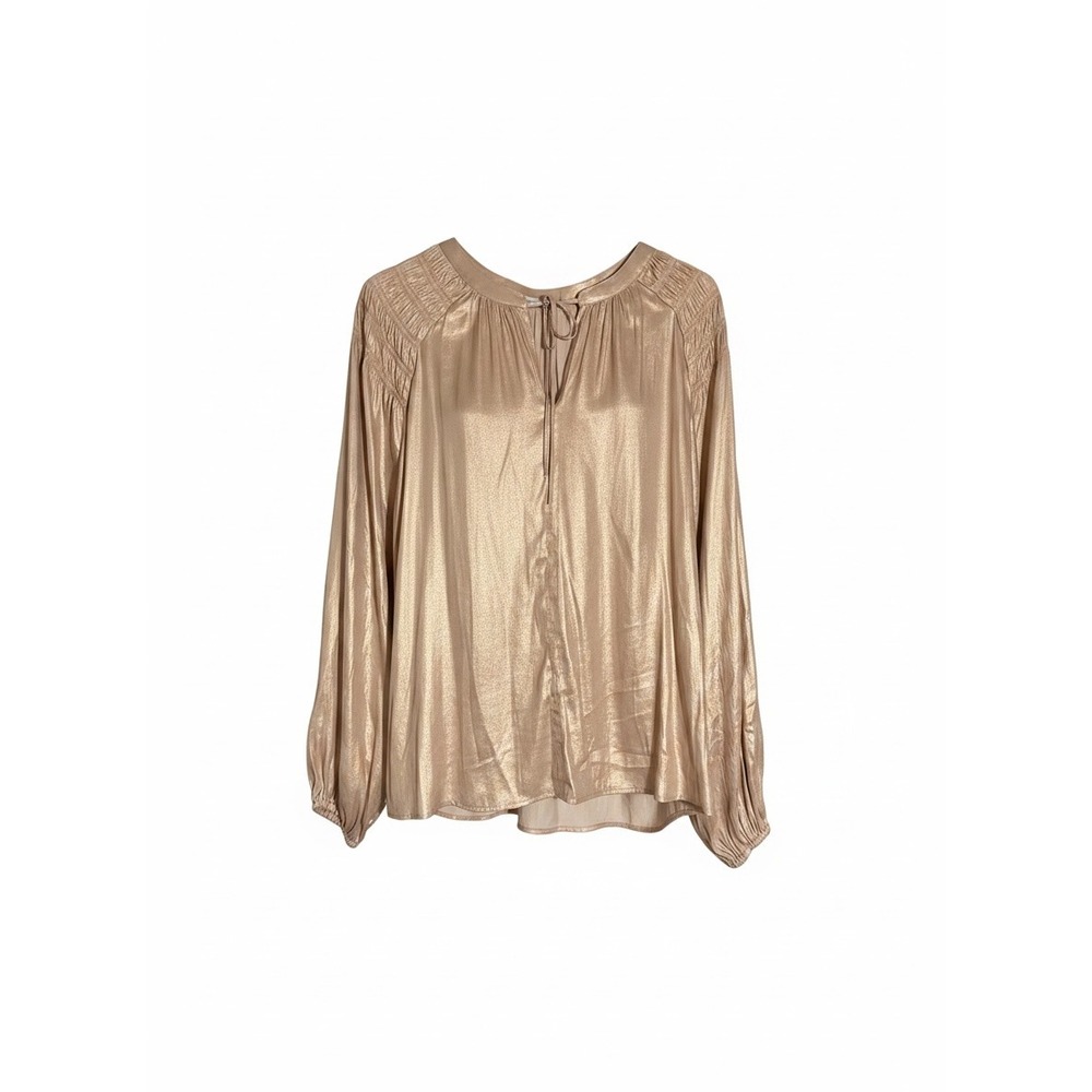 LOFT Shimmer Long Sleeve Smocked Blouse Womens XL  Gold Metallic Tie Neck Classy
